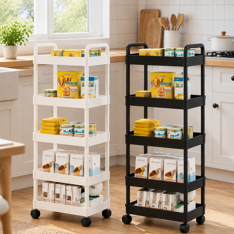 Book Cart Rolling - รถเข็นเก็บของแบบมีล้อ 5 ชั้น สำหรับจัดระเบียบในครัว ใช้เก็บผลไม้ ขนม