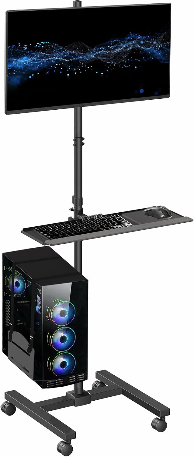 Adjustable Monitor Mount - รถเข็นคอมพิวเตอร์สีดำพร้อมที่ยึดจอภาพสำหรับหน้าจอขนาด 17 ถึง 32 นิ้ว, โต๊ะทำงานพีซีแบบพกพา,