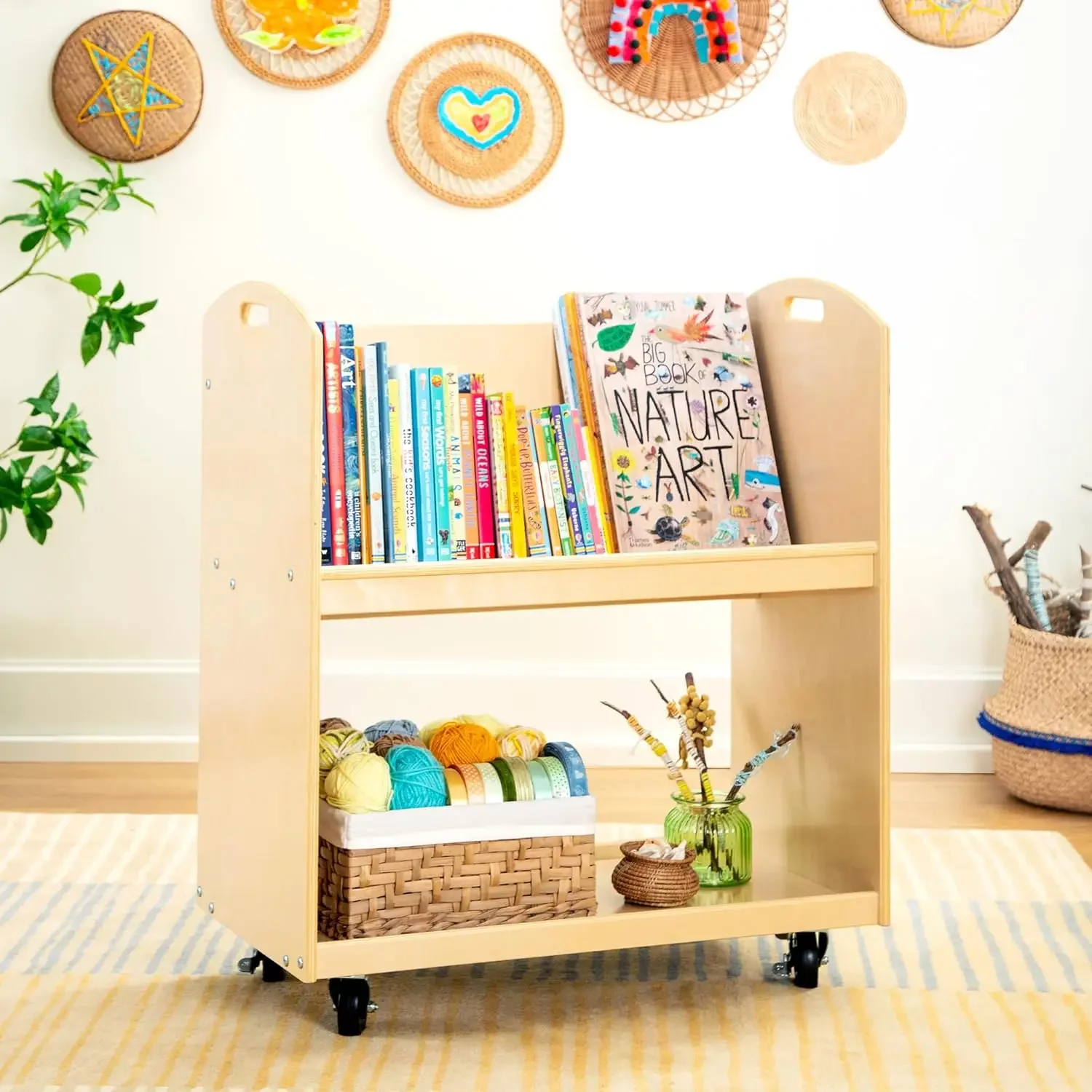 Book Cart Rolling - รถเข็นเก็บหนังสือเด็ก - สีธรรมชาติ: รถเข็นไม้ 2 ชั้นพร้อมล้อเลื่อน