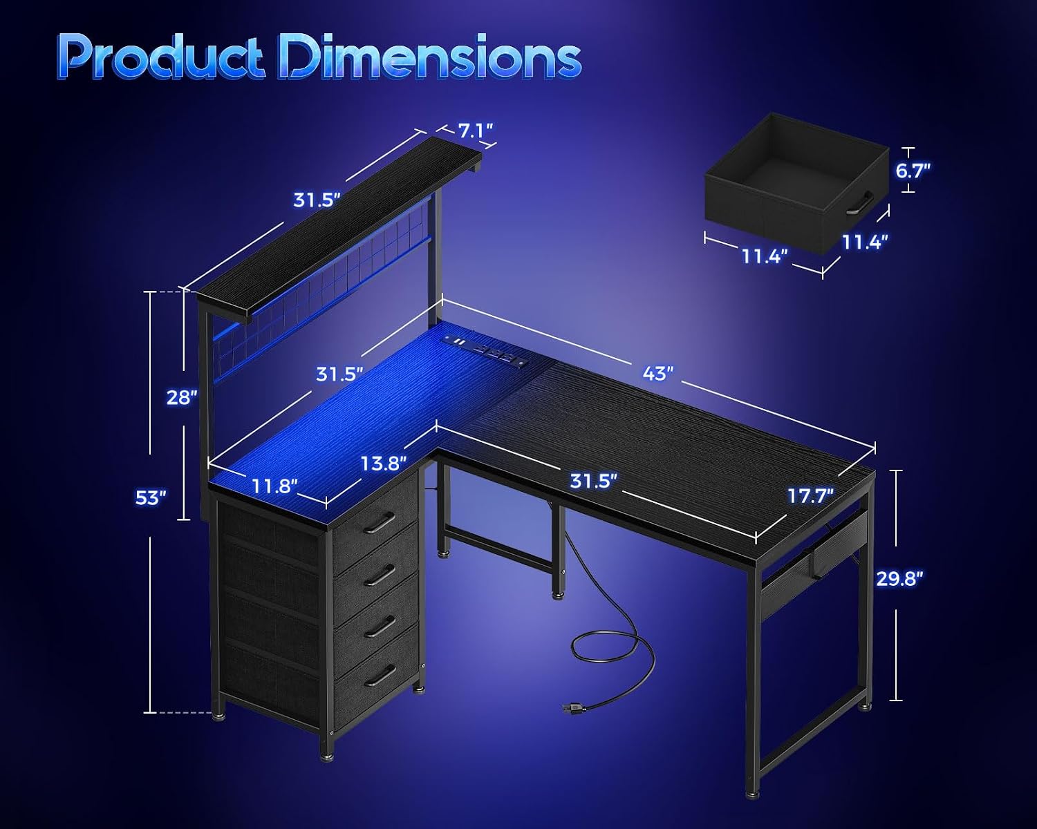 Cubicle Shelf Organizer - โต๊ะเกมมิ่งรูปตัว L พร้อมชั้นวางของและลิ้นชัก 4 ช่อง, โต๊ะคอมพิวเตอร์เข้ามุมสำหรับโฮมออฟฟิศ,